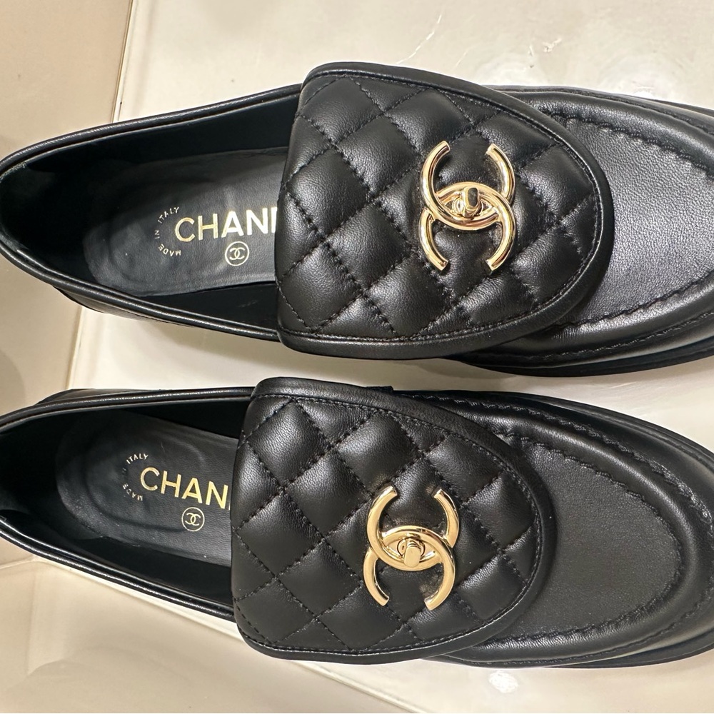 Chanel Black Loafers with Gold Accent